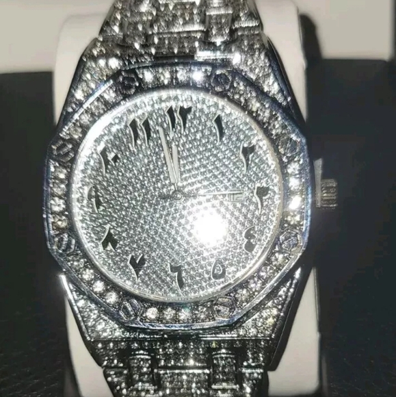 Men's Iced Simulated Diamond CZ Silverplated Alloy Arabic Numeral Quartz Watch - Picture 15 of 16